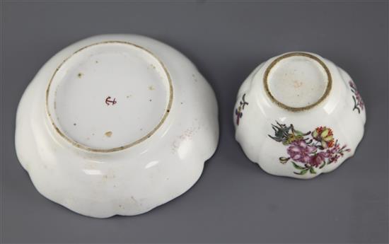 A Chelsea petal lobed tea bowl and saucer, c.1755, saucer 11.3cm